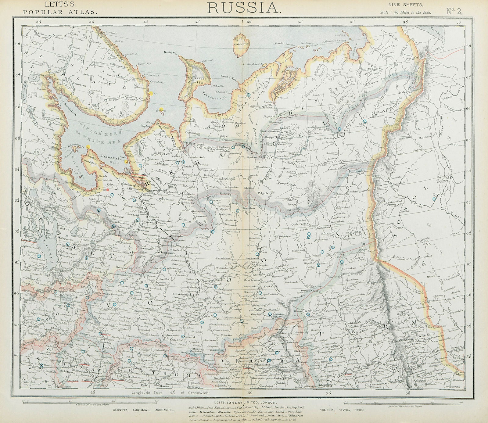 RUSSIA Arkhangelsk Vologda VIatka Perm Olontez Iaroslavl Urals.LETTS 1883 map